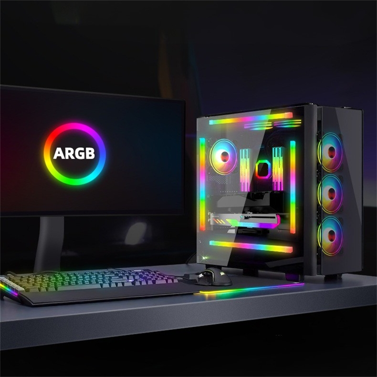 Ein PC-Setup auf einem Schreibtisch, einschließlich Monitor, Tastatur und PC-Gehäuse mit ARGB-Beleuchtung.
