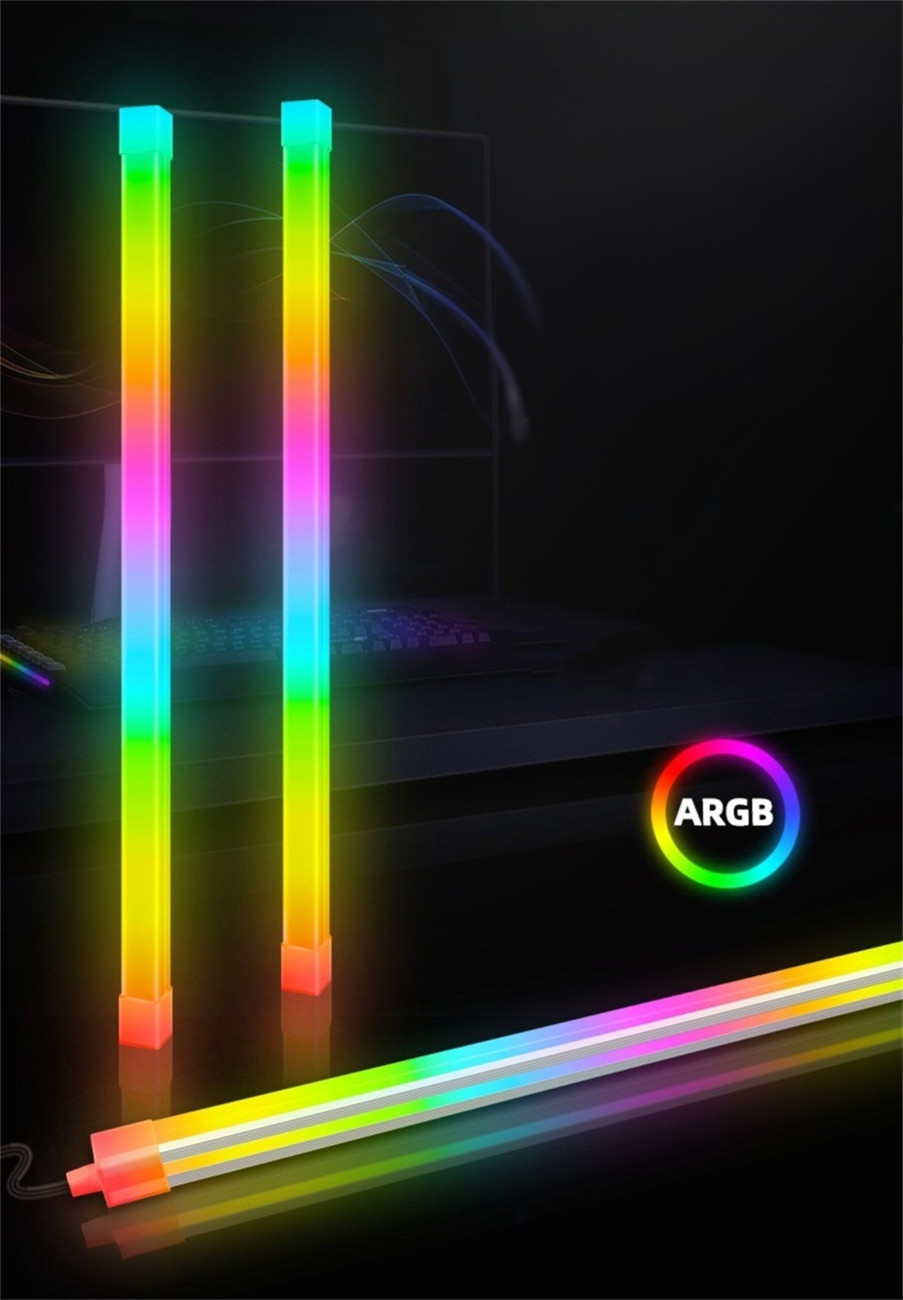 Zwei RGB-Lichtleisten mit farbenfrohem Leuchten. Eine kleinere Leiste unten.