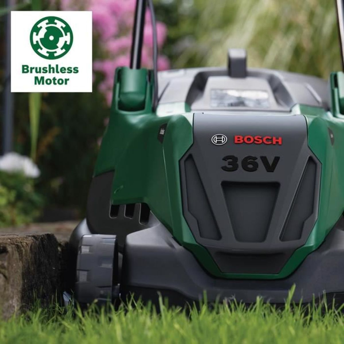 Grüner und schwarzer Bosch-Rasenmäher auf Gras, mit 'Brushless Motor' Logo.