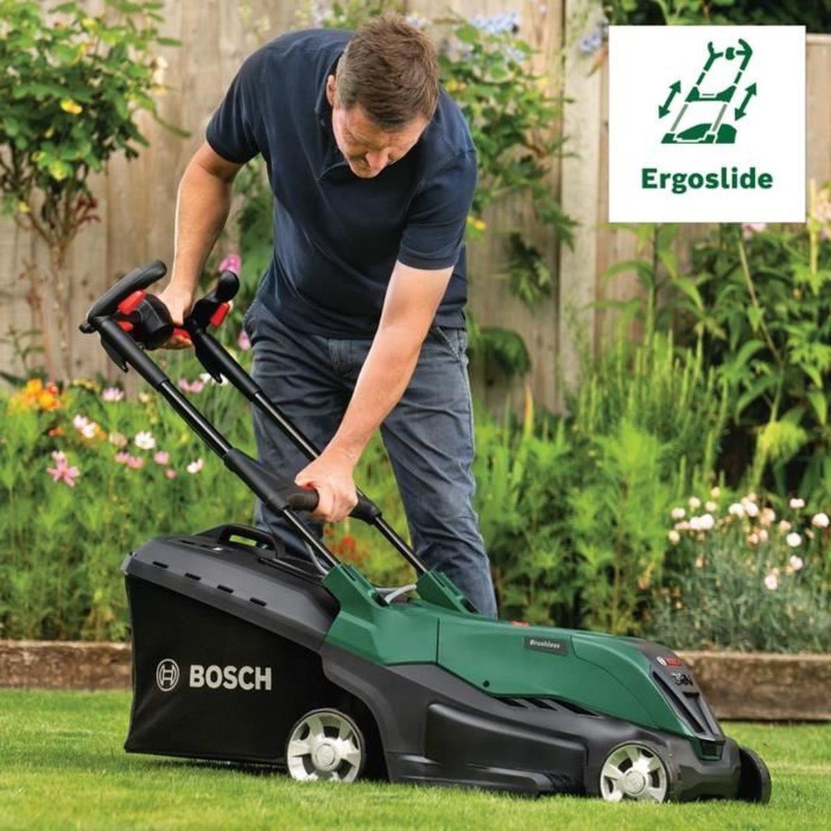 Ein Mann schiebt einen grün-schwarzen Bosch-Rasenmäher auf einem Rasen, mit einem 'Ergoslide'-Symbol in der Ecke.