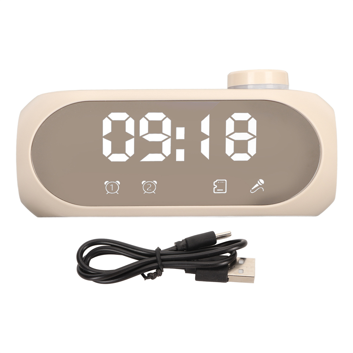 Digitaler Wecker, beige, zeigt 09:18 an. USB-Kabel darunter. Weißer Hintergrund.
