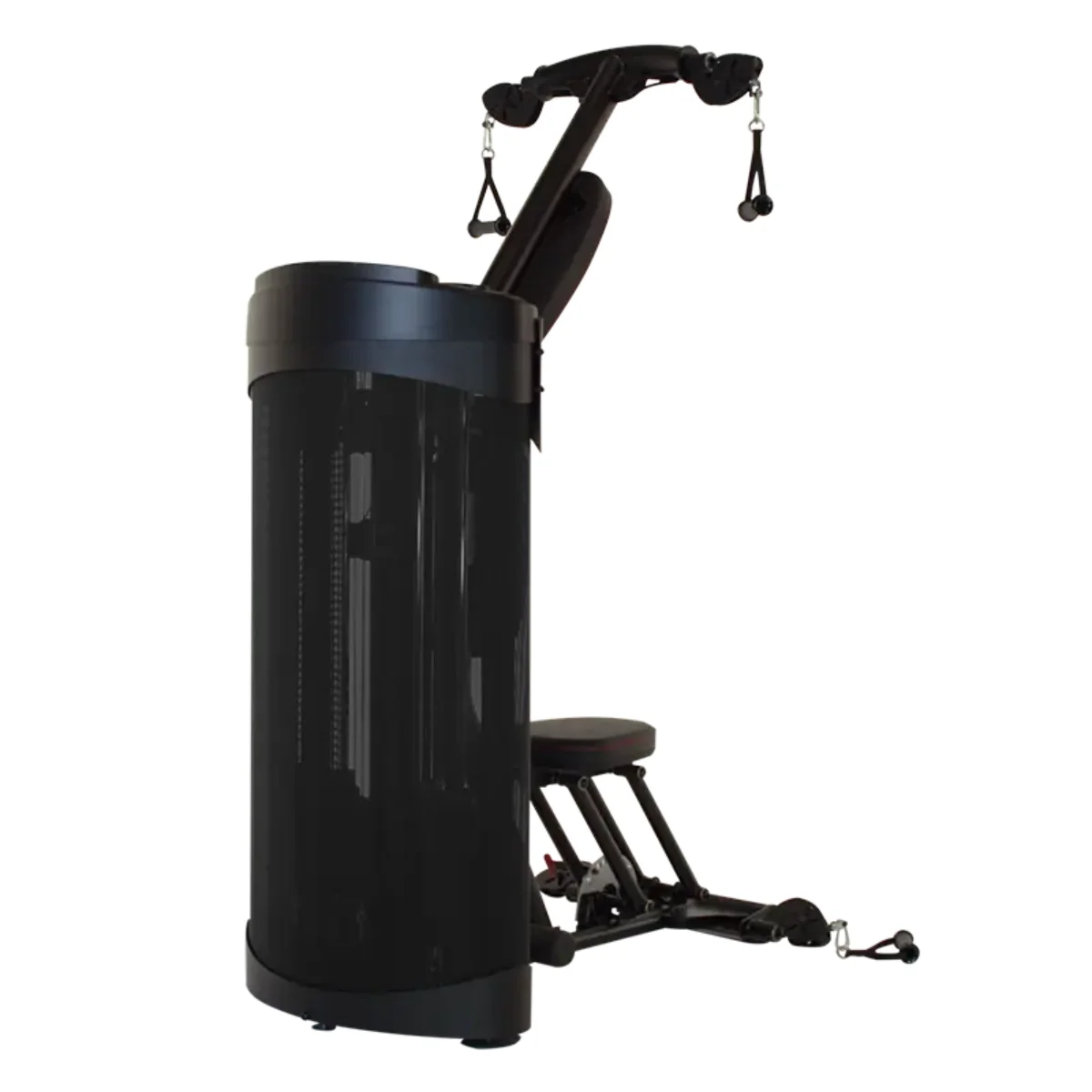 Zwarte fitnessmachine met kabels en zitting. Witte achtergrond.