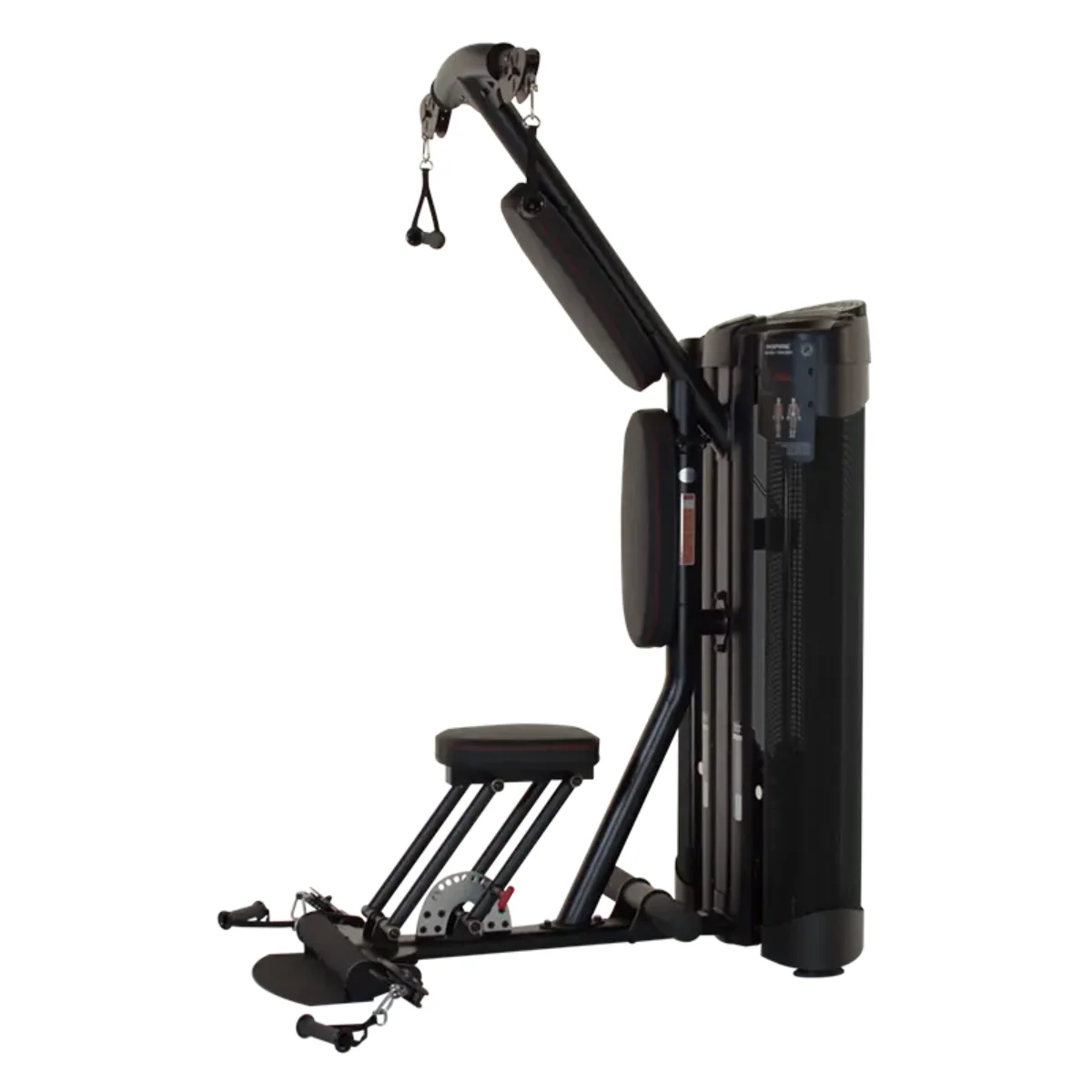 Een zwarte fitnessmachine met diverse opzetstukken en een zitting.