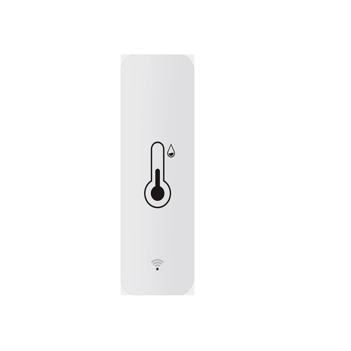 Weißes rechteckiges Gerät mit Thermometer-Icon und WLAN-Symbol. Schwarz-weißes Design.