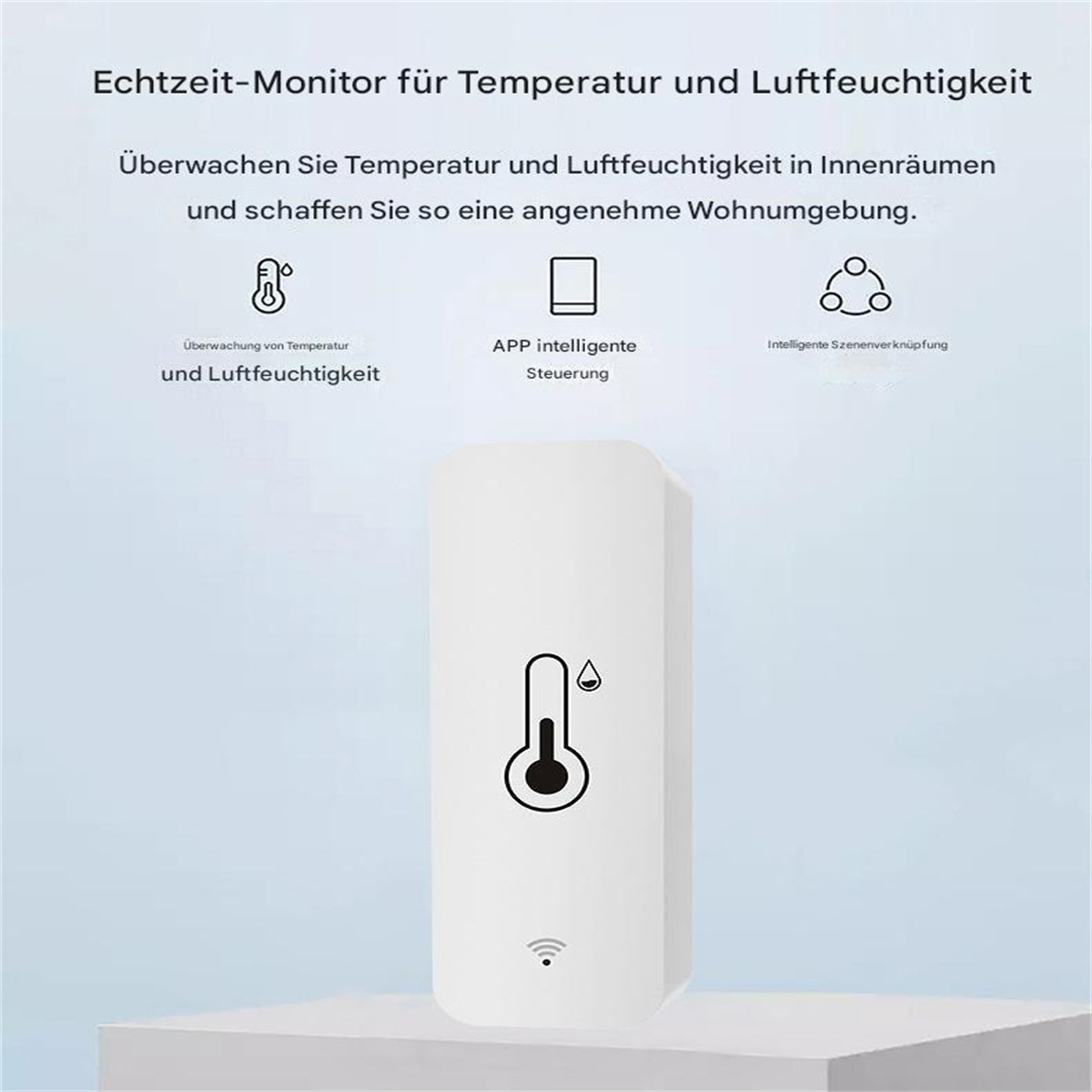 Weißes Smart-Home-Gerät mit Thermometer- und Tropfensymbol, mit Text und Symbolen.