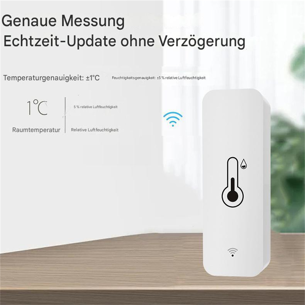 Ein weißes Gerät, das Temperatur und Luftfeuchtigkeit anzeigt. Es hat ein Thermometer-Symbol und ein WLAN-Symbol.