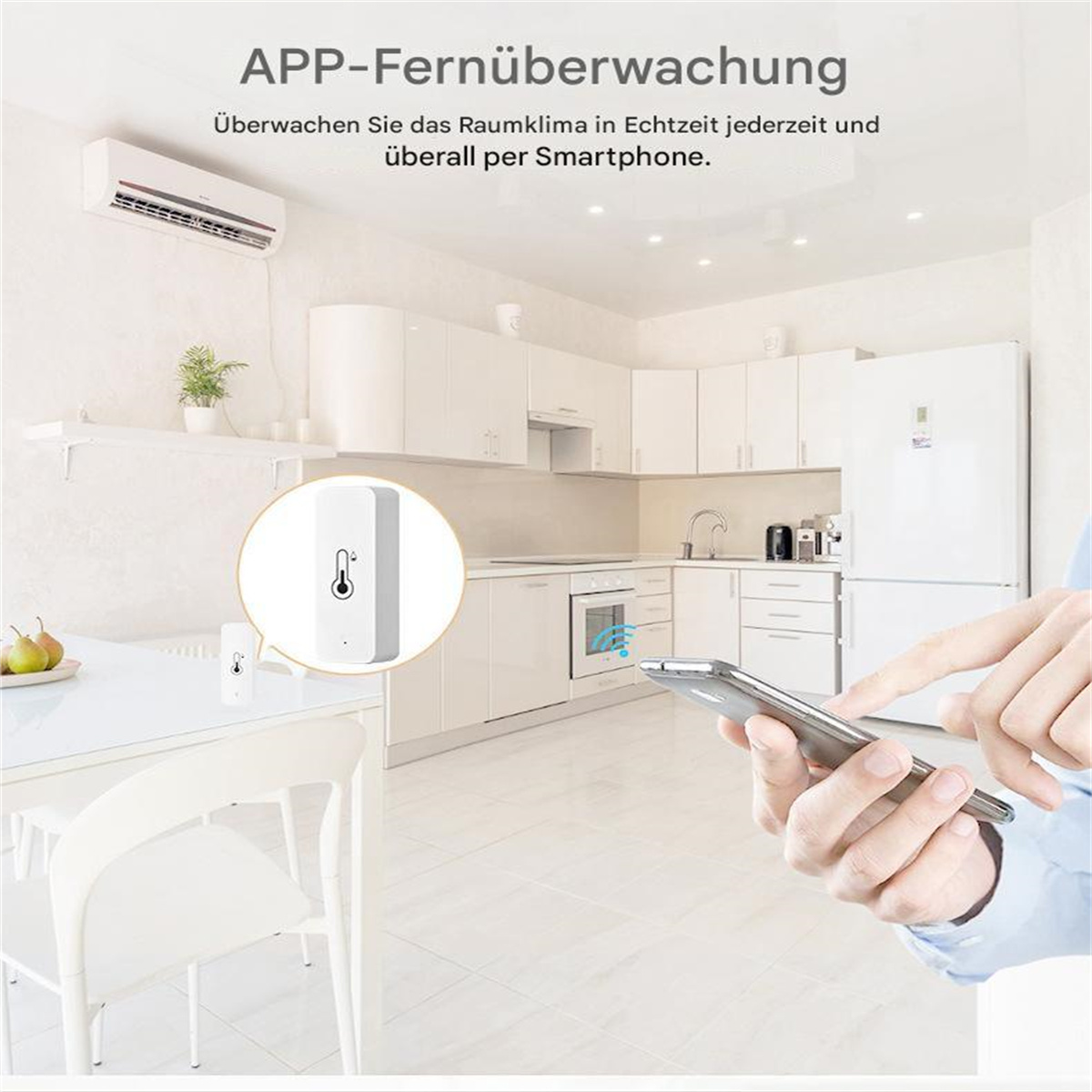 Ein Smart-Home-Setup, mit Telefon und Thermostat, auf weißem Küchenhintergrund.