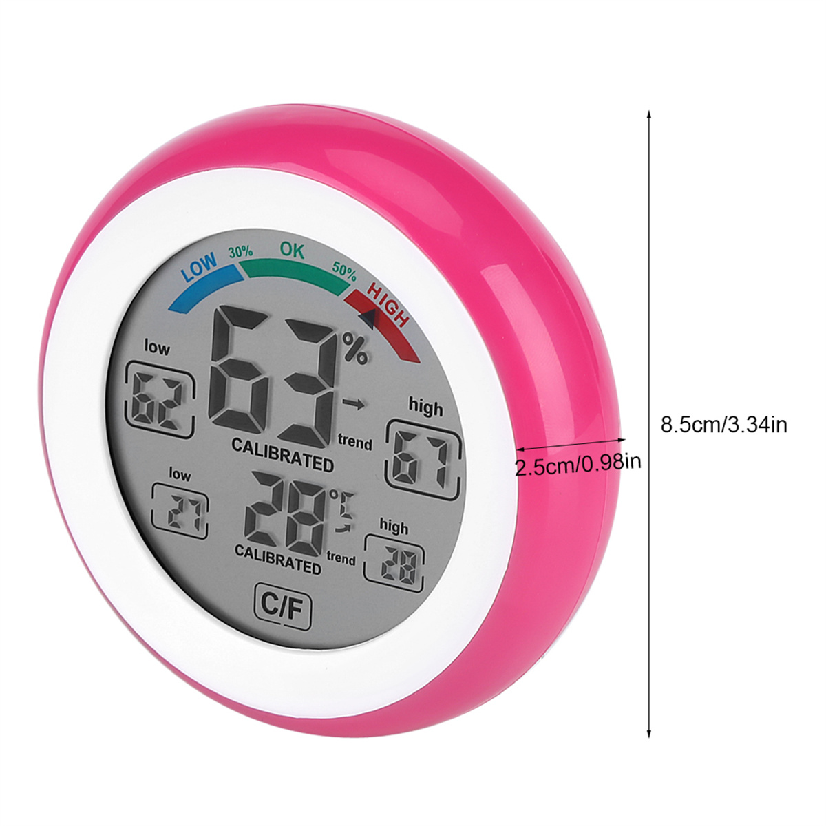 Rosa digitales Thermometer zeigt Temperatur und Trend, mit Abmessungen.