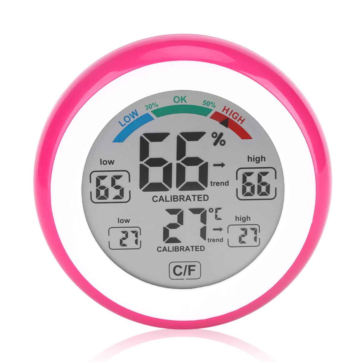 Digitales Thermometer mit pinkem Rahmen, zeigt Feuchtigkeits- und Temperaturwerte auf weißem Hintergrund.