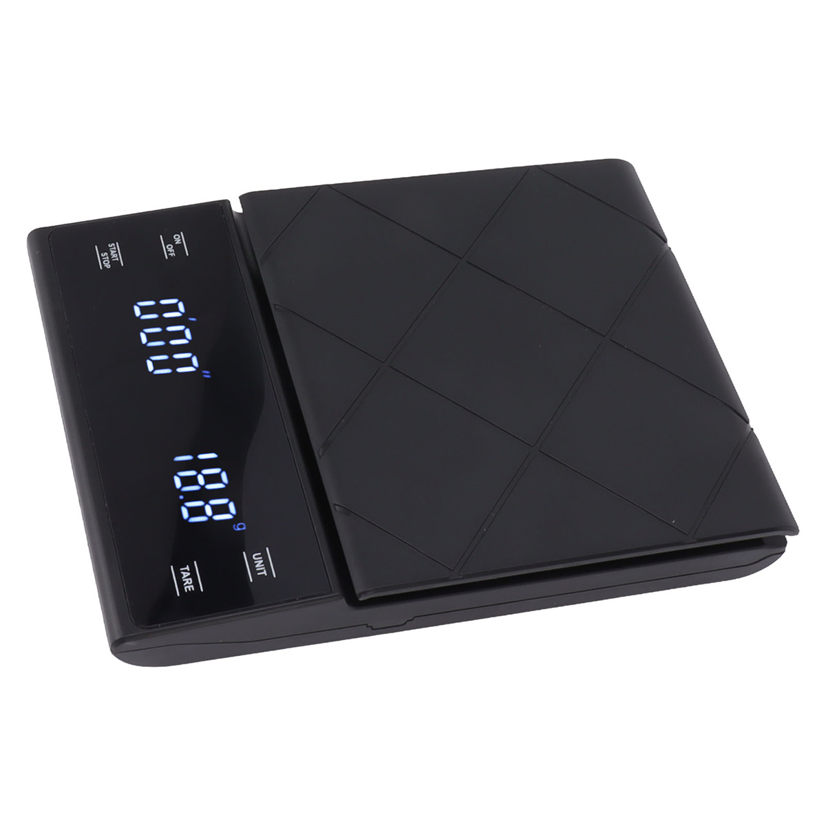 Schwarze digitale Küchenwaage. Sie hat ein Display mit 0,00 und 18,8. Der Deckel ist geschlossen.
