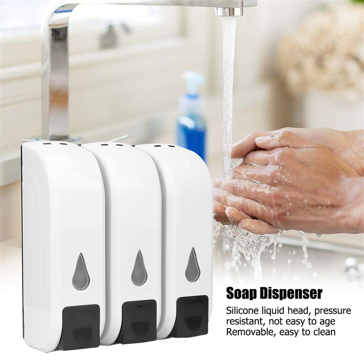 Weiße Seifenspender mit schwarzen Pumpen und Wasserstrahl im Hintergrund.