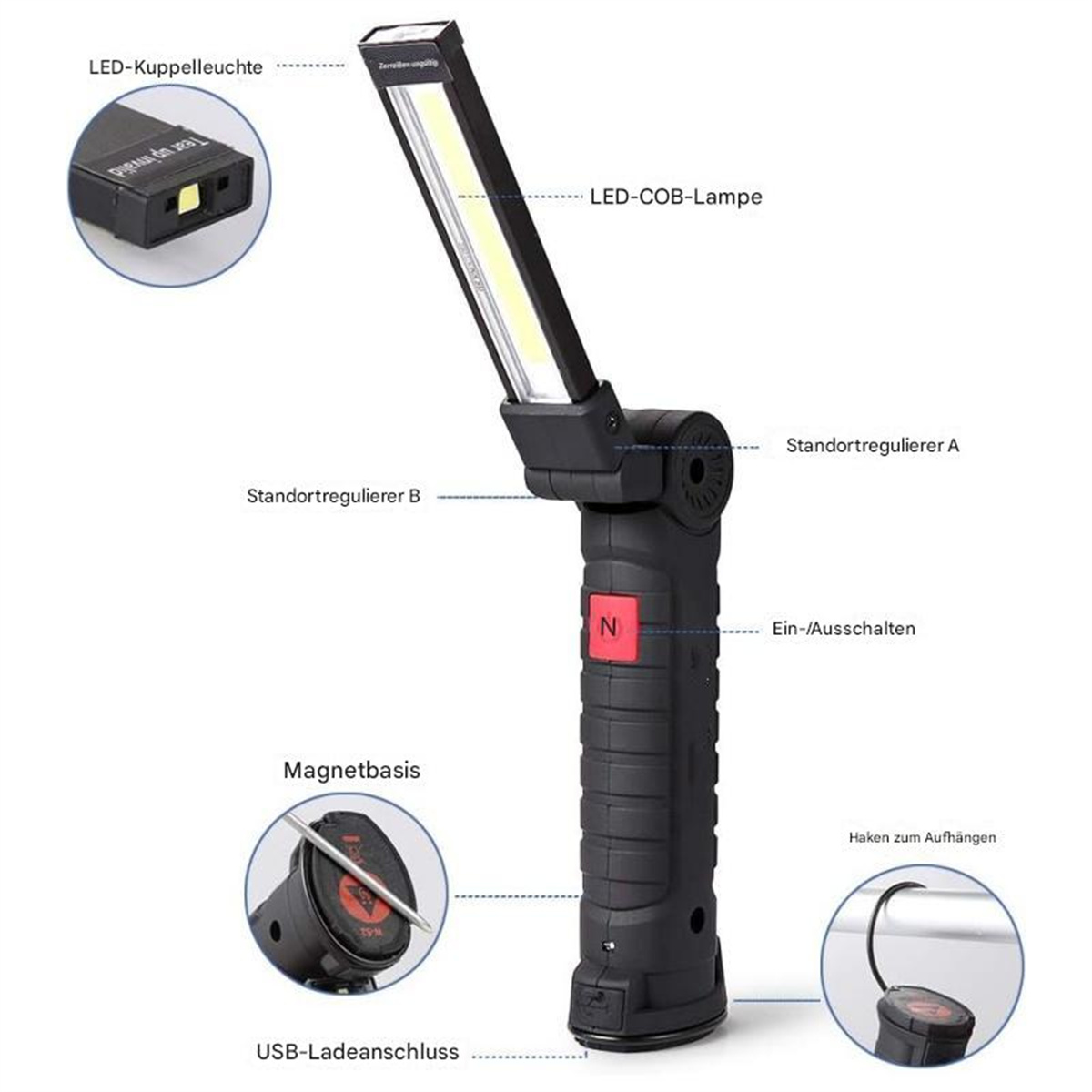 Schwarze LED-Arbeitsleuchte mit beschrifteten Teilen. Sie hat eine COB-Lampe und einen drehbaren Fuß.