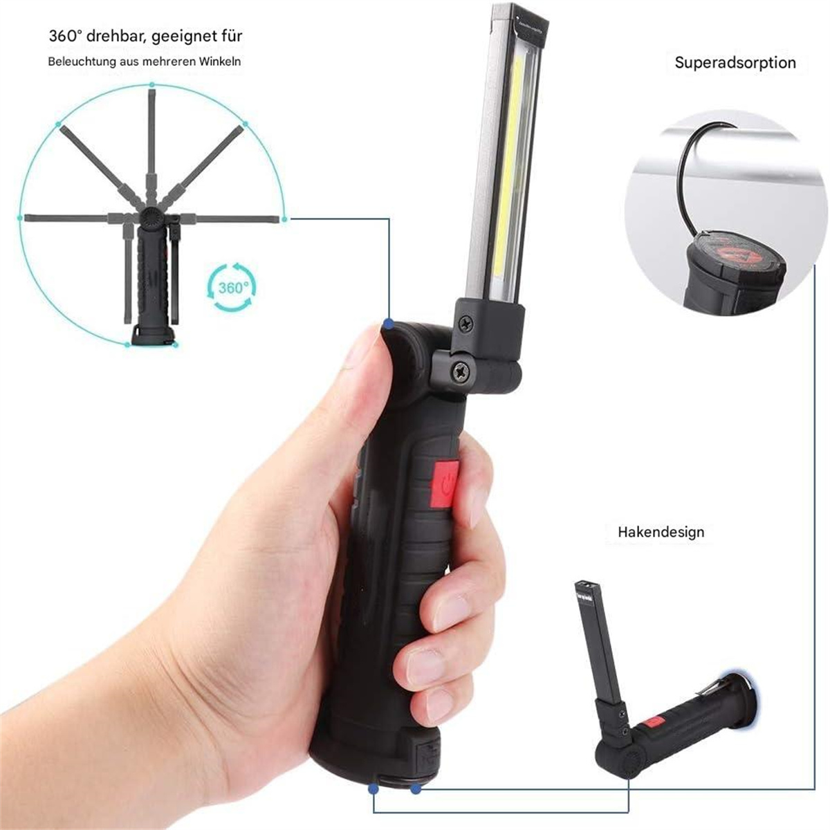Schwarze und rote LED-Arbeitsleuchte, gehalten von einer Hand, mit Pfeilen, die ihre Merkmale und Funktionen angeben.