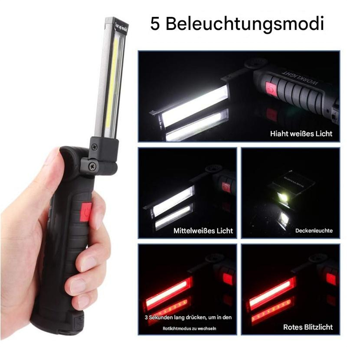 Eine schwarz-rote Taschenlampe wird von einer Hand gehalten. Das Licht hat verschiedene Modi wie weißes und rotes Blinken.