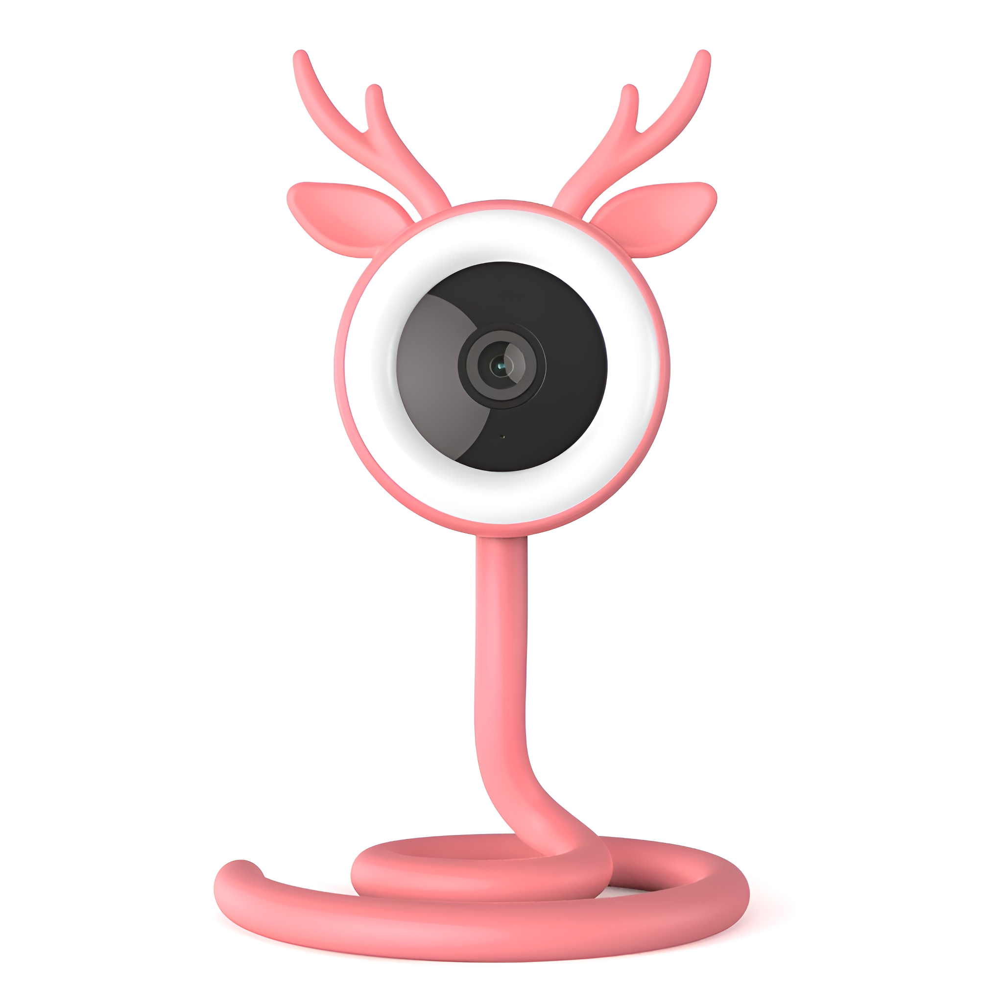 Rosa, rehförmiger Baby-Monitor mit Kameralinse und Geweih, auf weißem Hintergrund.