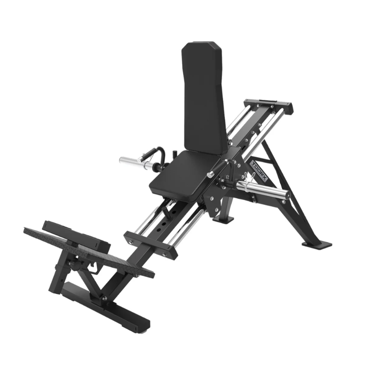Machine de musculation noire pour les jambes. Avec siège, dossier et barres. Isolé.