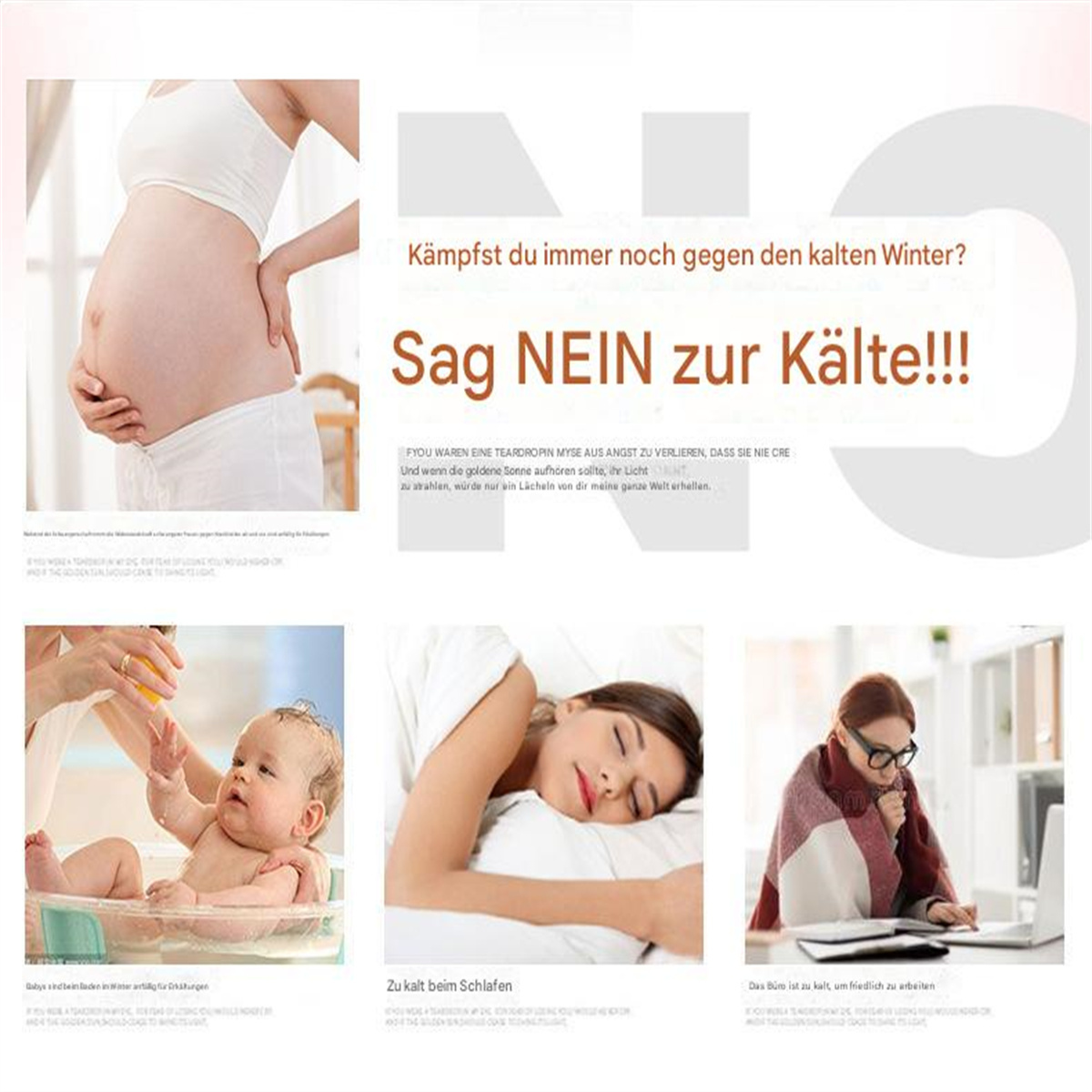 Collage mit Bildern von Schwangerschaft, Baby und Person im Bett.
