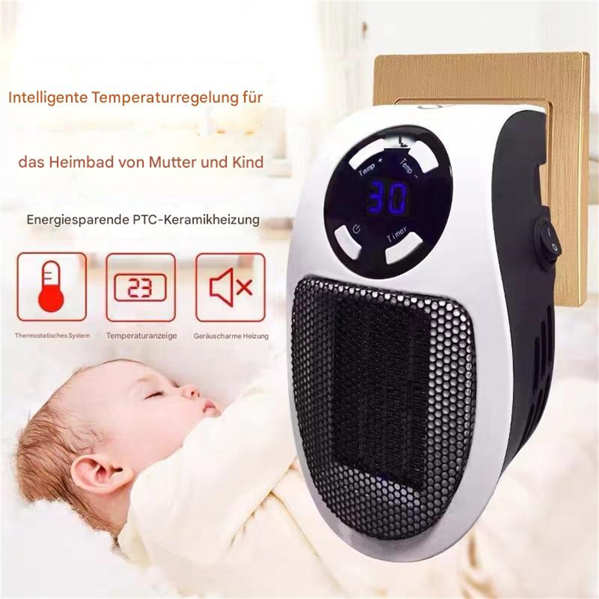 Ein Baby schläft in der Nähe einer kleinen, weiß-schwarzen Heizung.