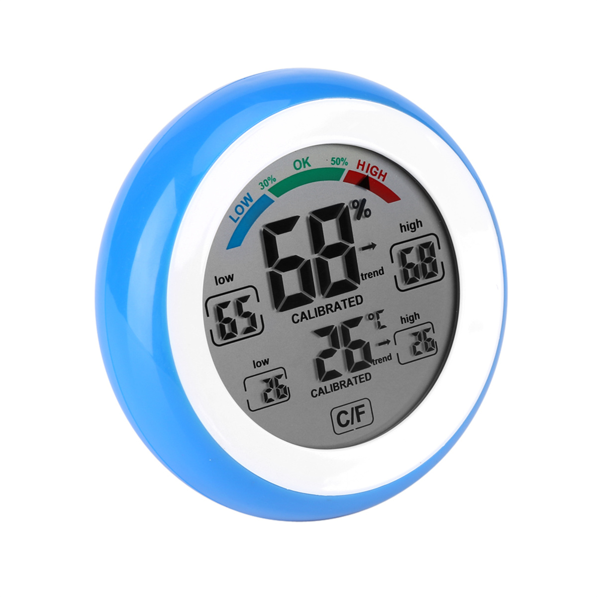 Blau-weißes digitales Thermometer, das Temperatur- und Feuchtigkeitswerte anzeigt, runde Form.