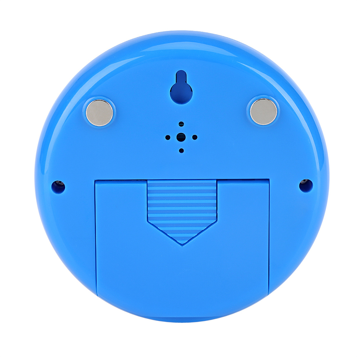 Ein blaues, rundes Gerät mit Batteriefach und Löchern. Es gibt zwei Magnete und ein Aufhängeloch.