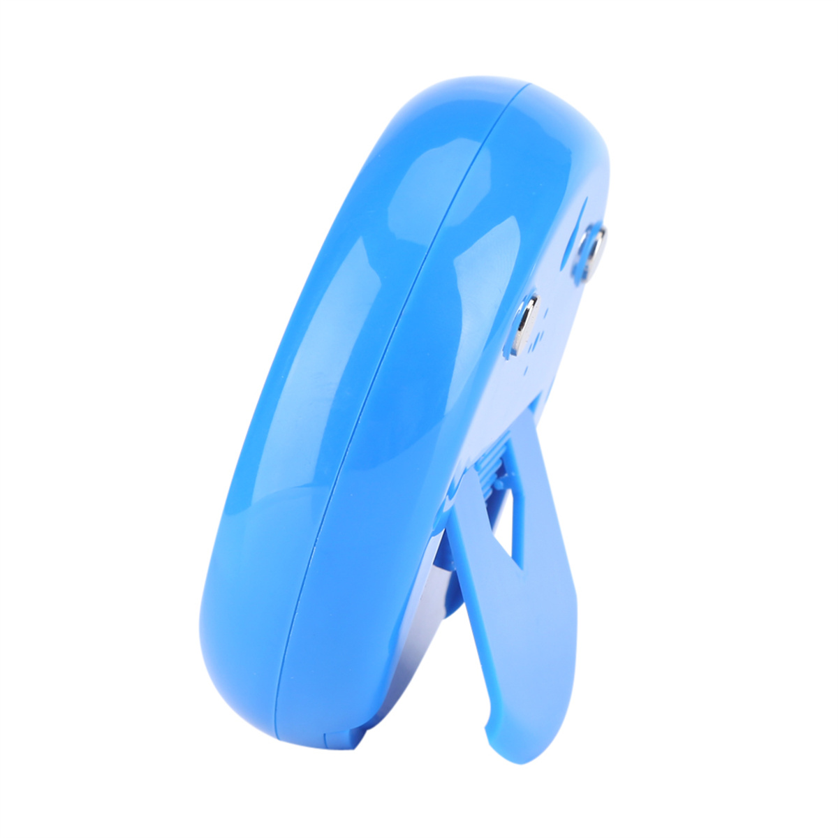 Ein blauer digitaler Timer mit Ständer, Seitenansicht.