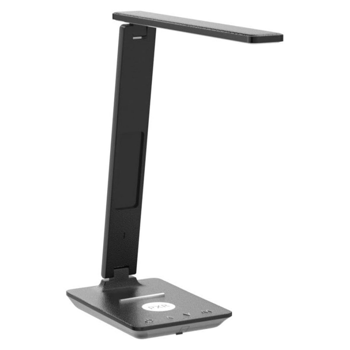 Schwarze Schreibtischlampe mit verstellbarem Arm und rechteckigem Kopf. Weißer Hintergrund.