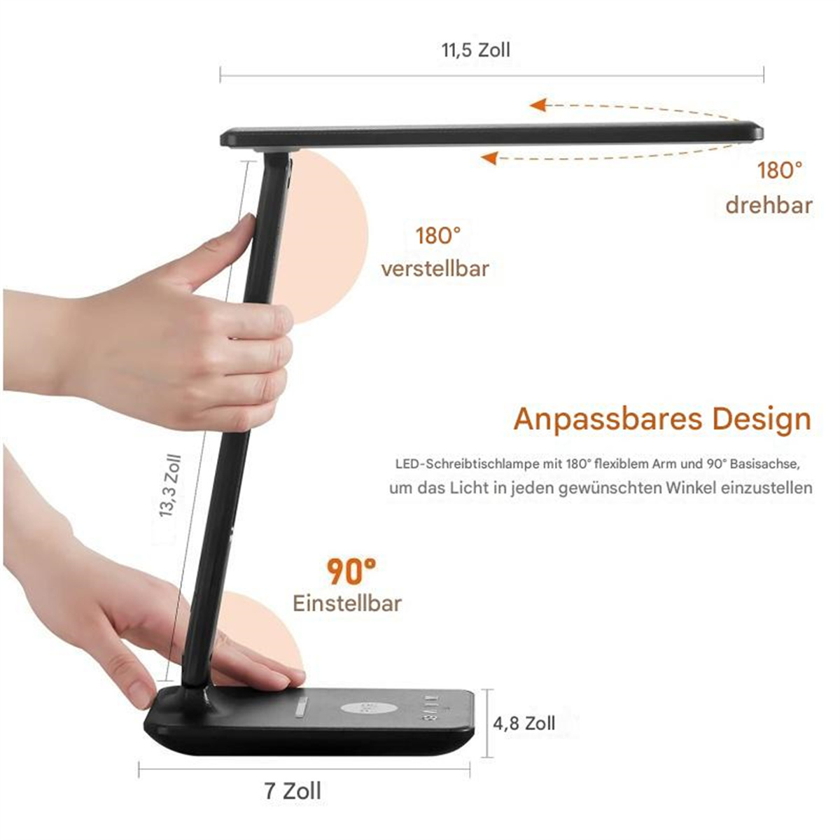 Schwarze Schreibtischlampe mit verstellbarem Arm, beschriftet mit Abmessungen und Funktionen.