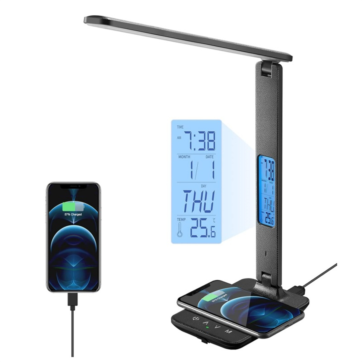 Eine schwarze Schreibtischlampe mit Ladepad und Telefon. Die Lampe hat eine Digitalanzeige.