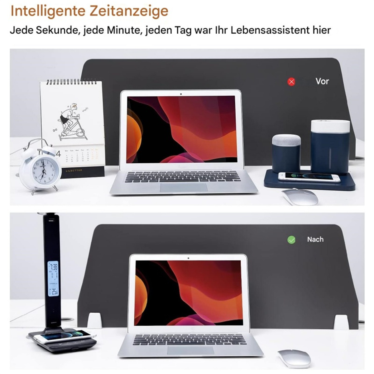 Zwei Bilder eines Schreibtisches mit Laptop, Lampe und Telefonladegerät. Eines unordentlich, eines ordentlich.