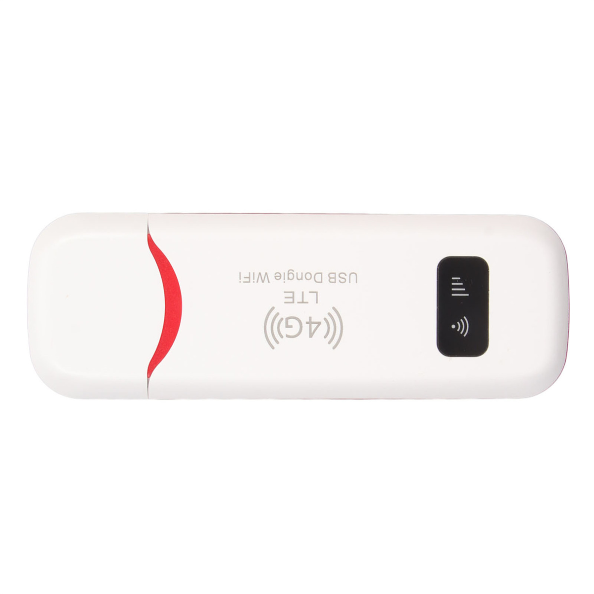 Weißer USB-Dongle mit rotem Akzent, LTE 4G und schwarzer Anzeige, isoliert auf Weiß.