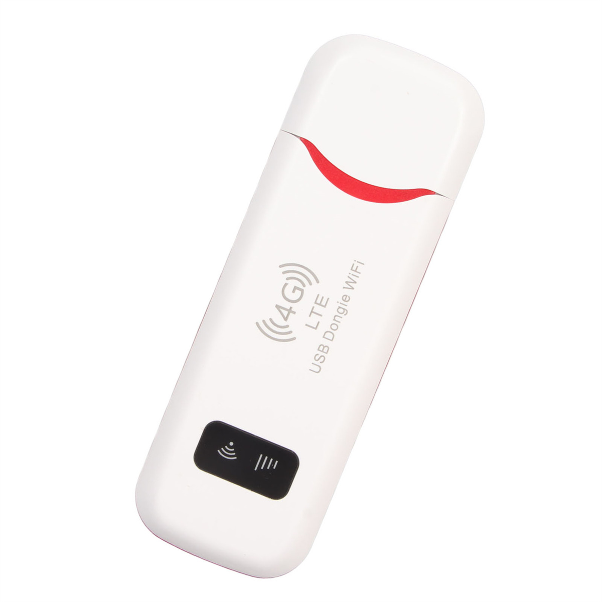 Ein weißer USB-Dongle mit den 4G- und WiFi-Symbolen. Rote Akzente oben.