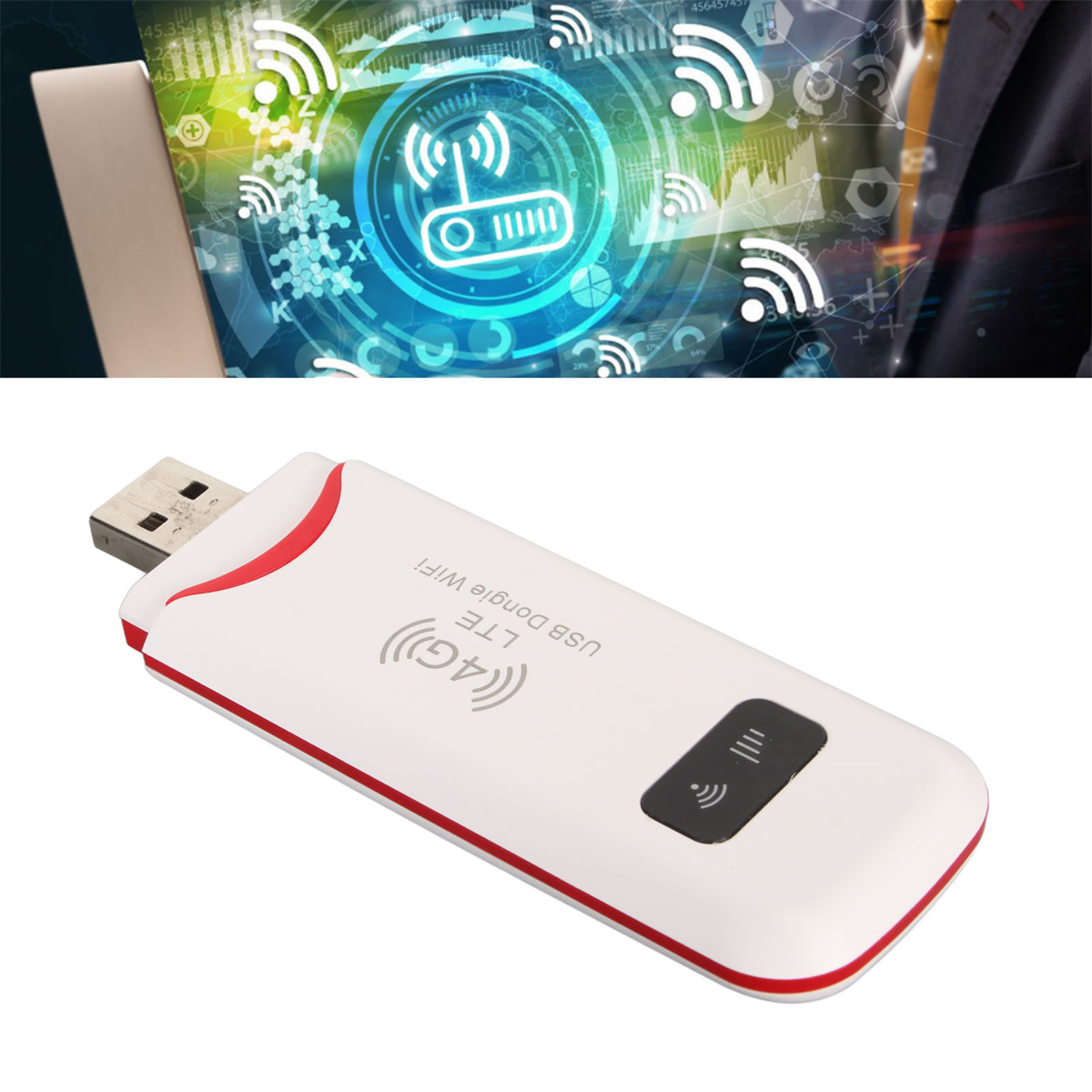 Weiß-roter USB-Dongle mit 4G-Logo. Auf Hintergrund mit WLAN-Symbolen.