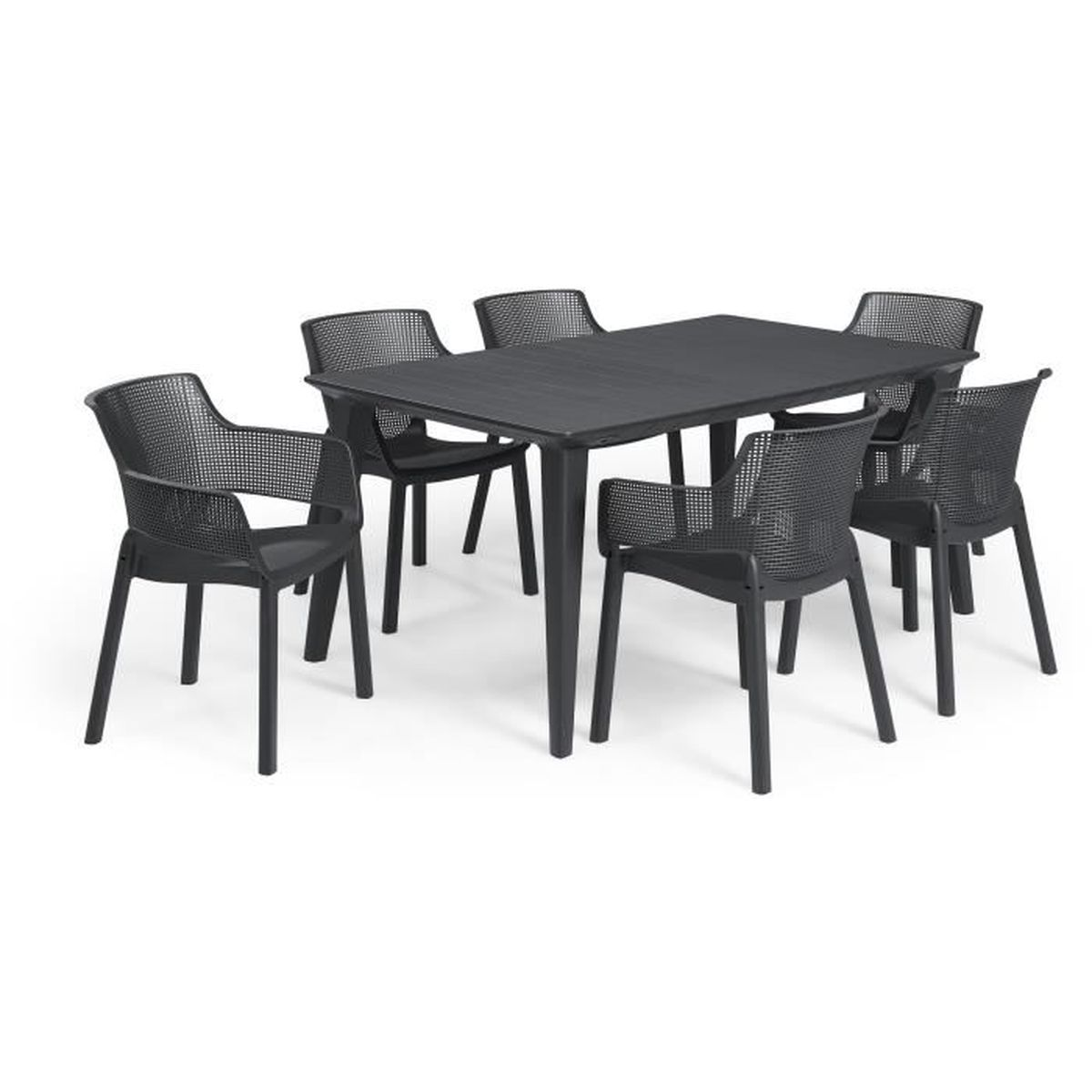 Schwarzes Outdoor-Ess-Set mit Tisch und sechs Stühlen, auf weißem Hintergrund.