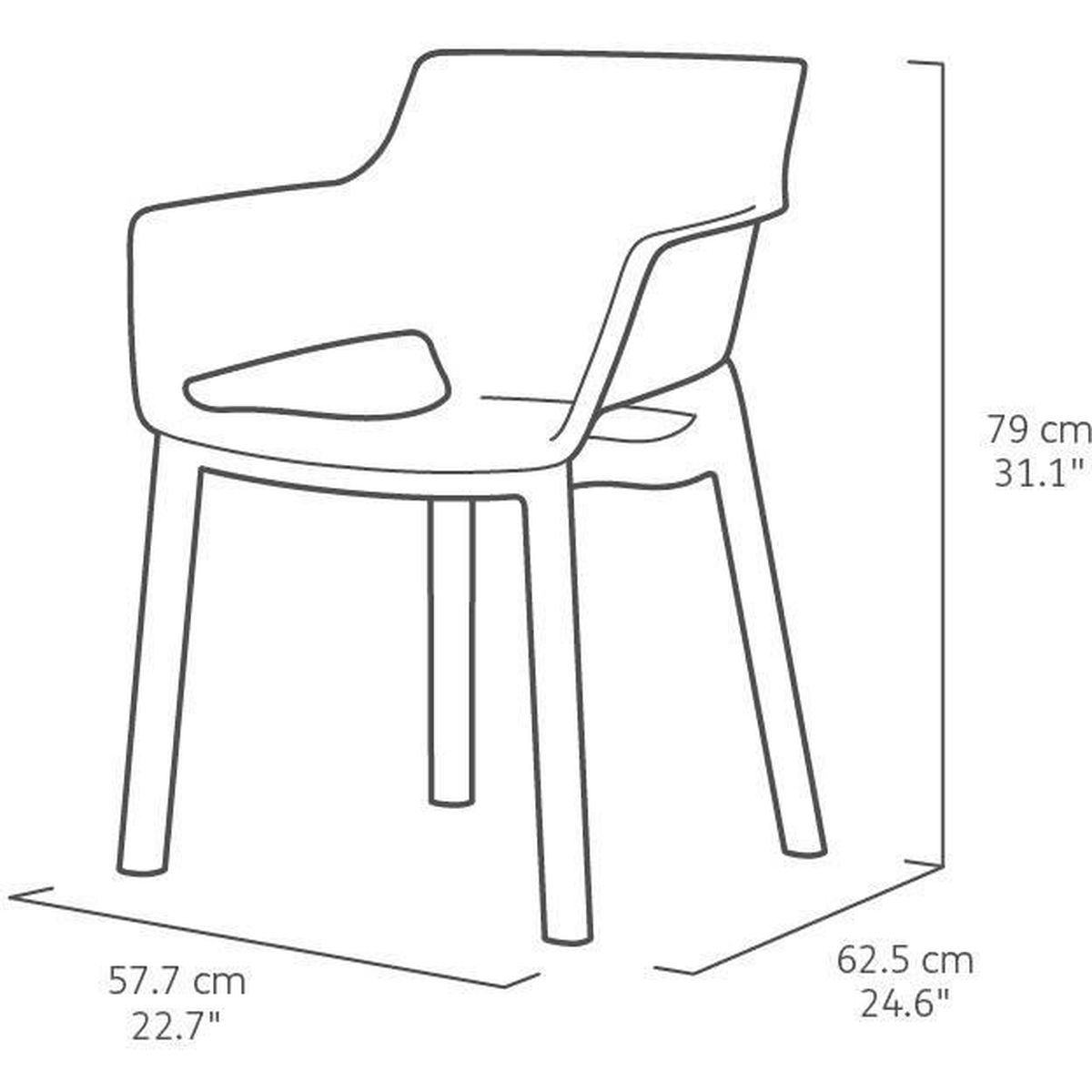 Weißer Kunststoffstuhl, Abmessungen sind in cm und Zoll angegeben.