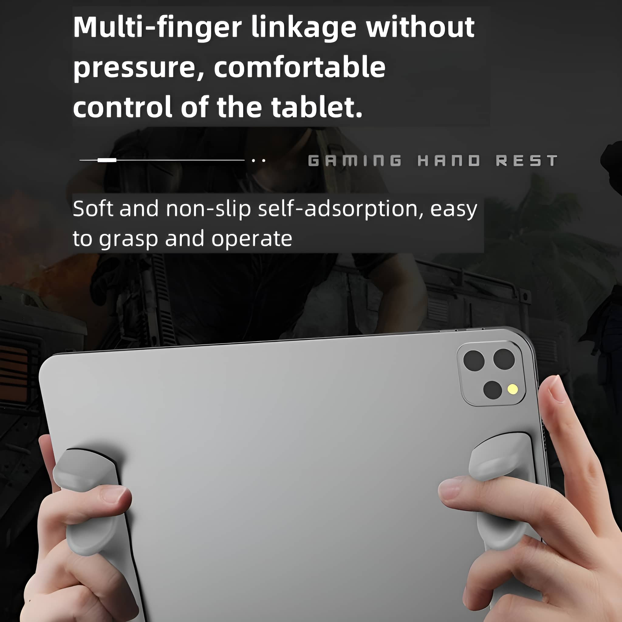Hände halten ein Tablet mit Gamepad-Aufsätzen. Text über Gaming-Handauflage. Schwarzer Hintergrund.
