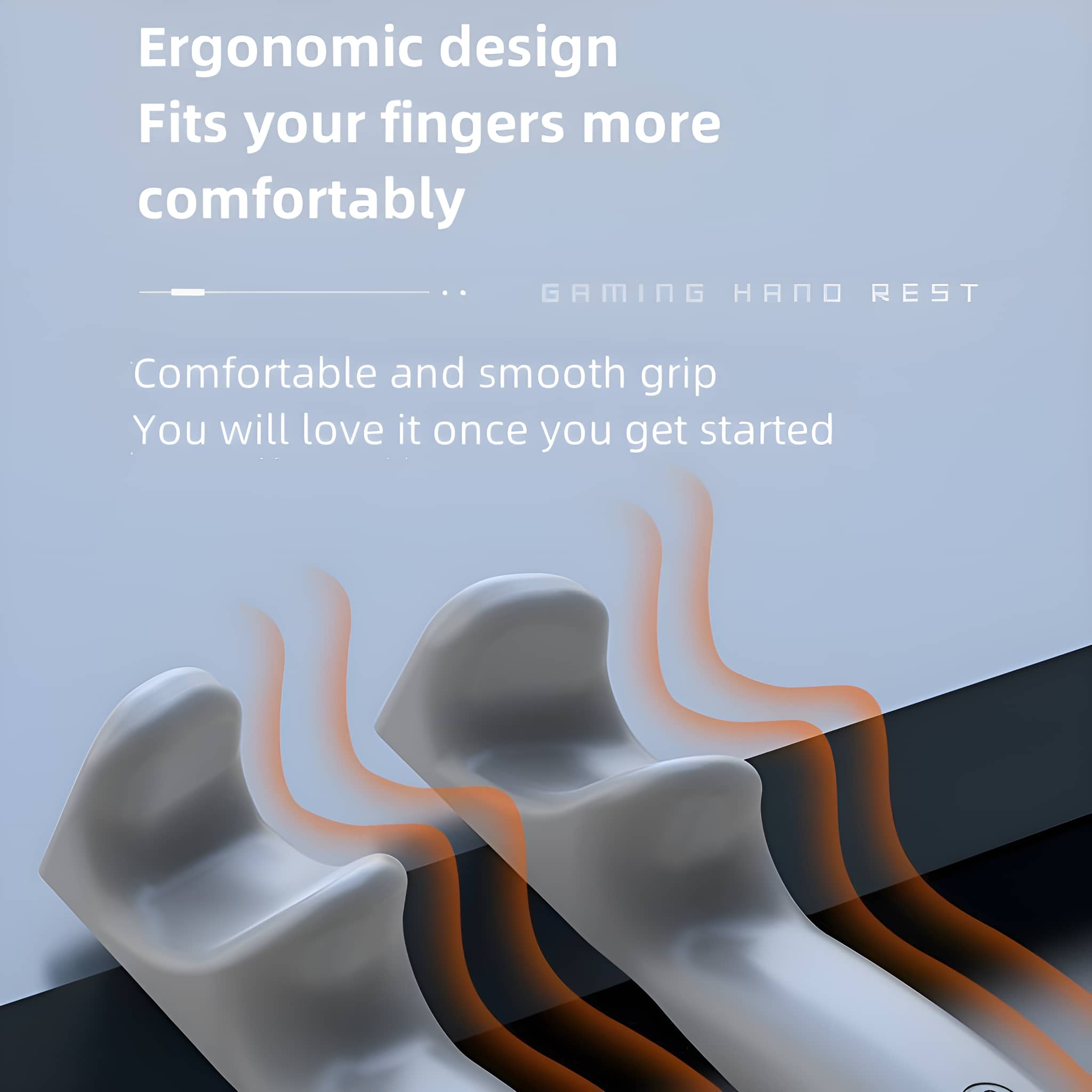 Gaming Handgelenkstütze, weiße und orangefarbene Farben, blauer Hintergrund, Text über ergonomisches Design.