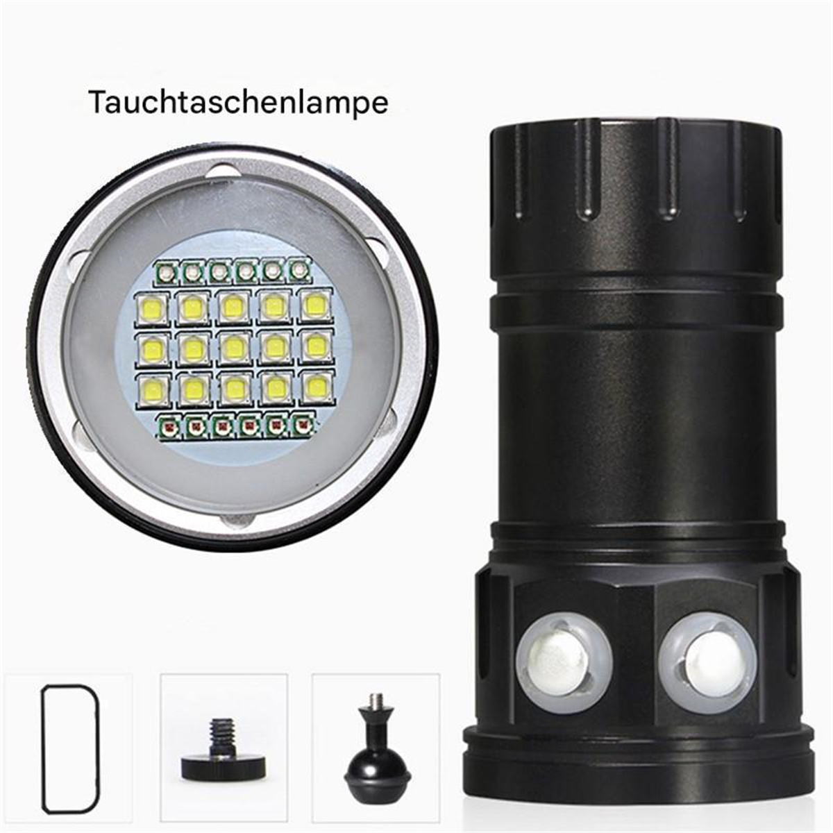 Eine schwarze Tauch-Taschenlampe mit hellem LED-Array. Darunter sind drei kleine Komponenten abgebildet.
