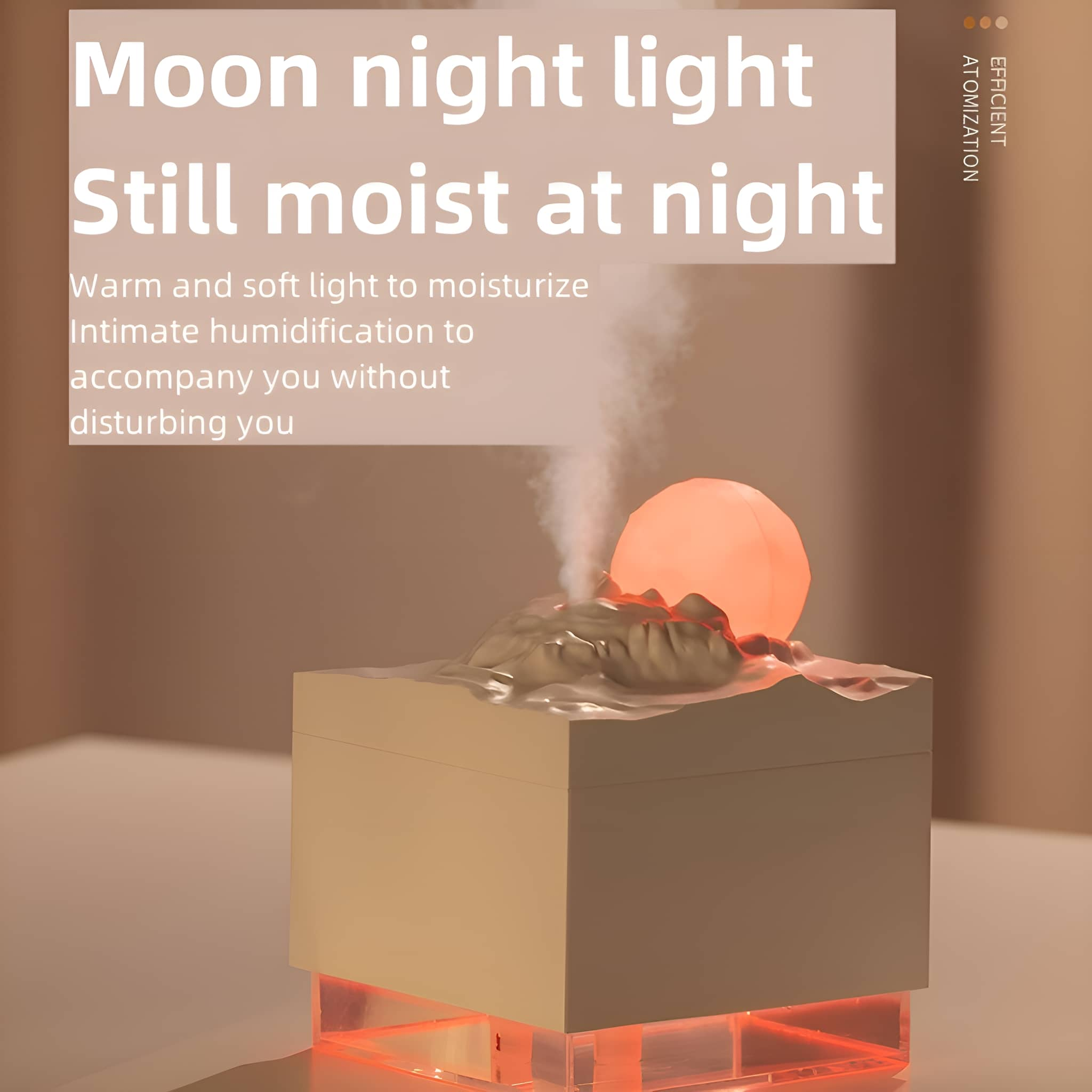 Luftbefeuchter in Form eines Vulkans mit Mond, orangefarbenem Licht und Textüberlagerung.