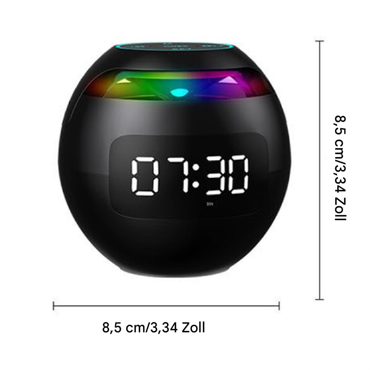 Schwarzer kugelförmiger Wecker mit digitaler Anzeige 07:30.