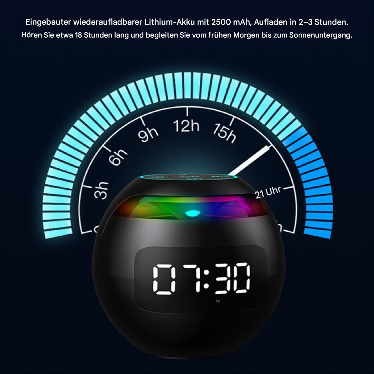 Schwarzer Wecker mit digitaler Anzeige und farbenfrohem Lichtring, der die Zeit anzeigt.