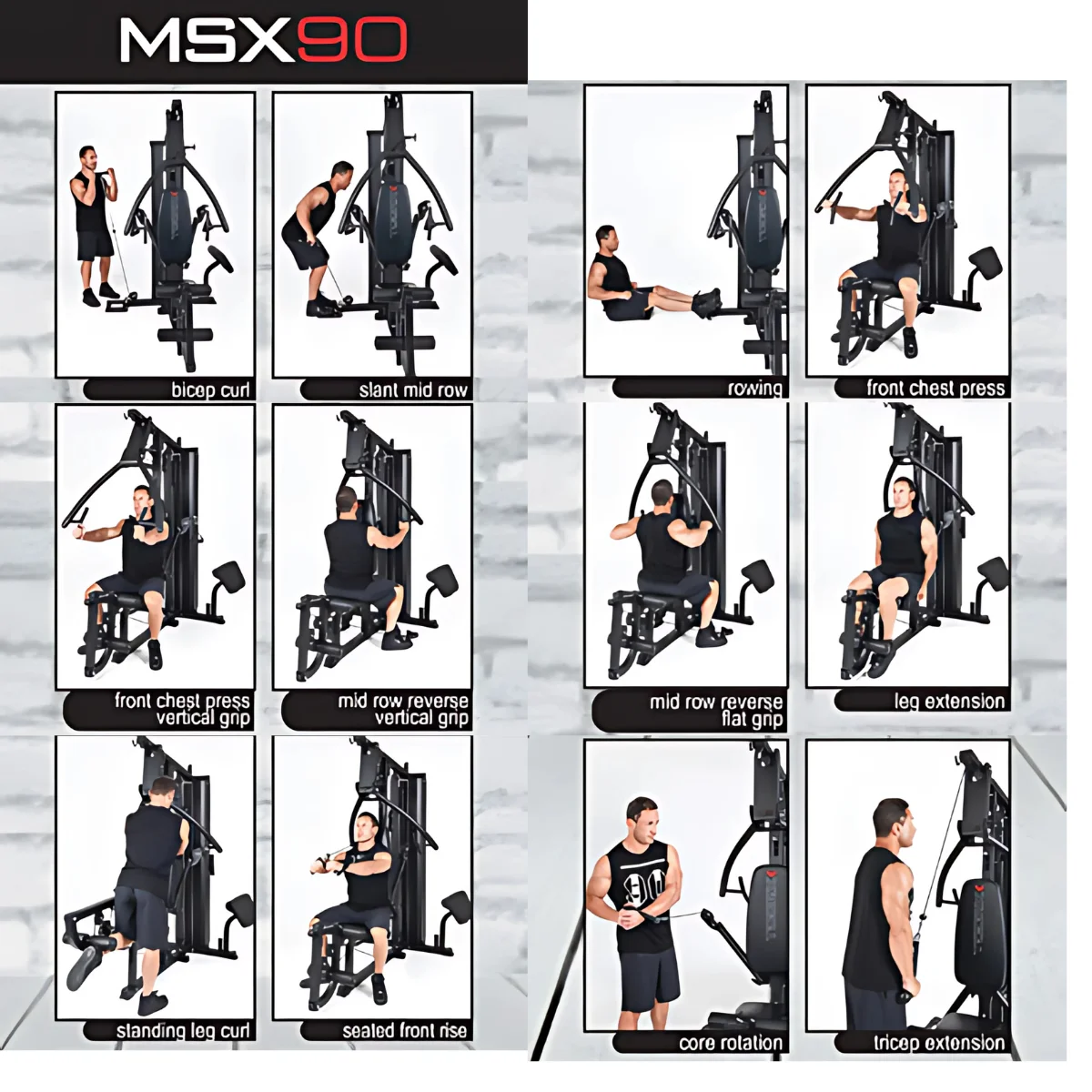 Plusieurs images d'une machine d'exercice noire. Les gens l'utilisent de différentes manières.