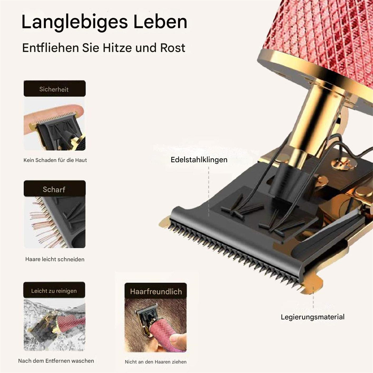 Ein Haarschneider mit Nahaufnahmen von Klingen und Teilen.