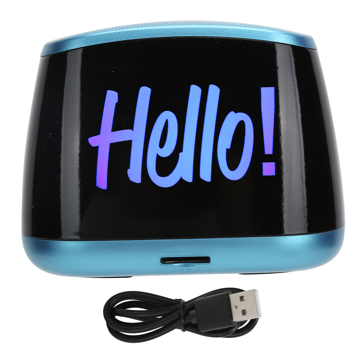 Blauer Lautsprecher mit Bildschirm, der 'Hallo!' anzeigt, ein Netzkabel und ein USB-Kabel.