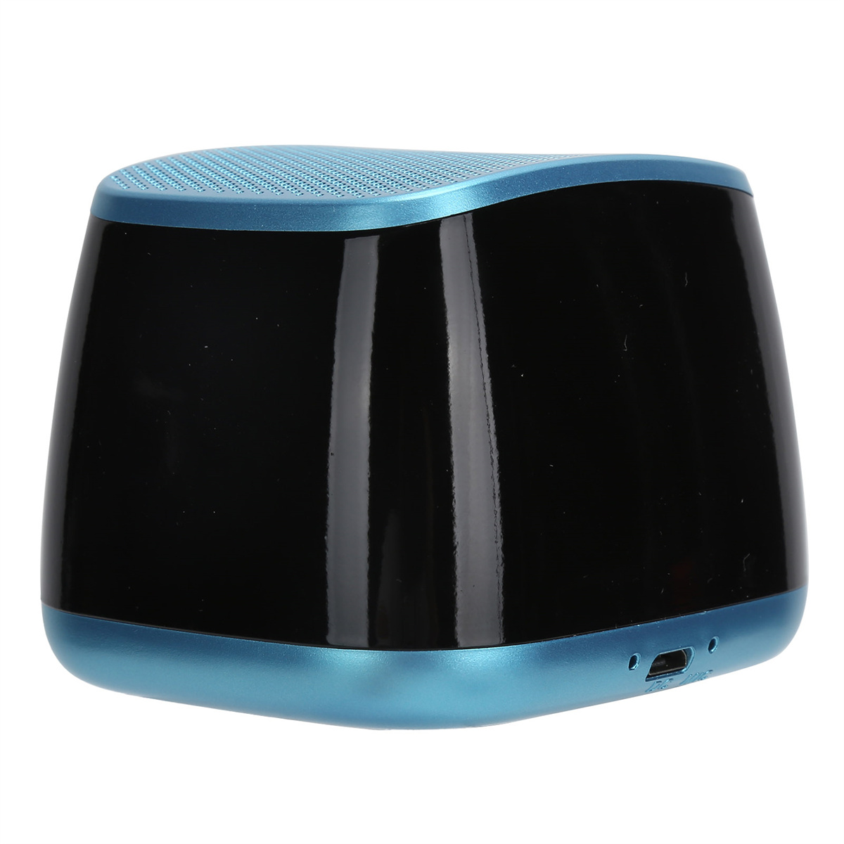 Blau-schwarzer Lautsprecher, mit USB-Anschluss an der Seite und Mesh-Oberseite.