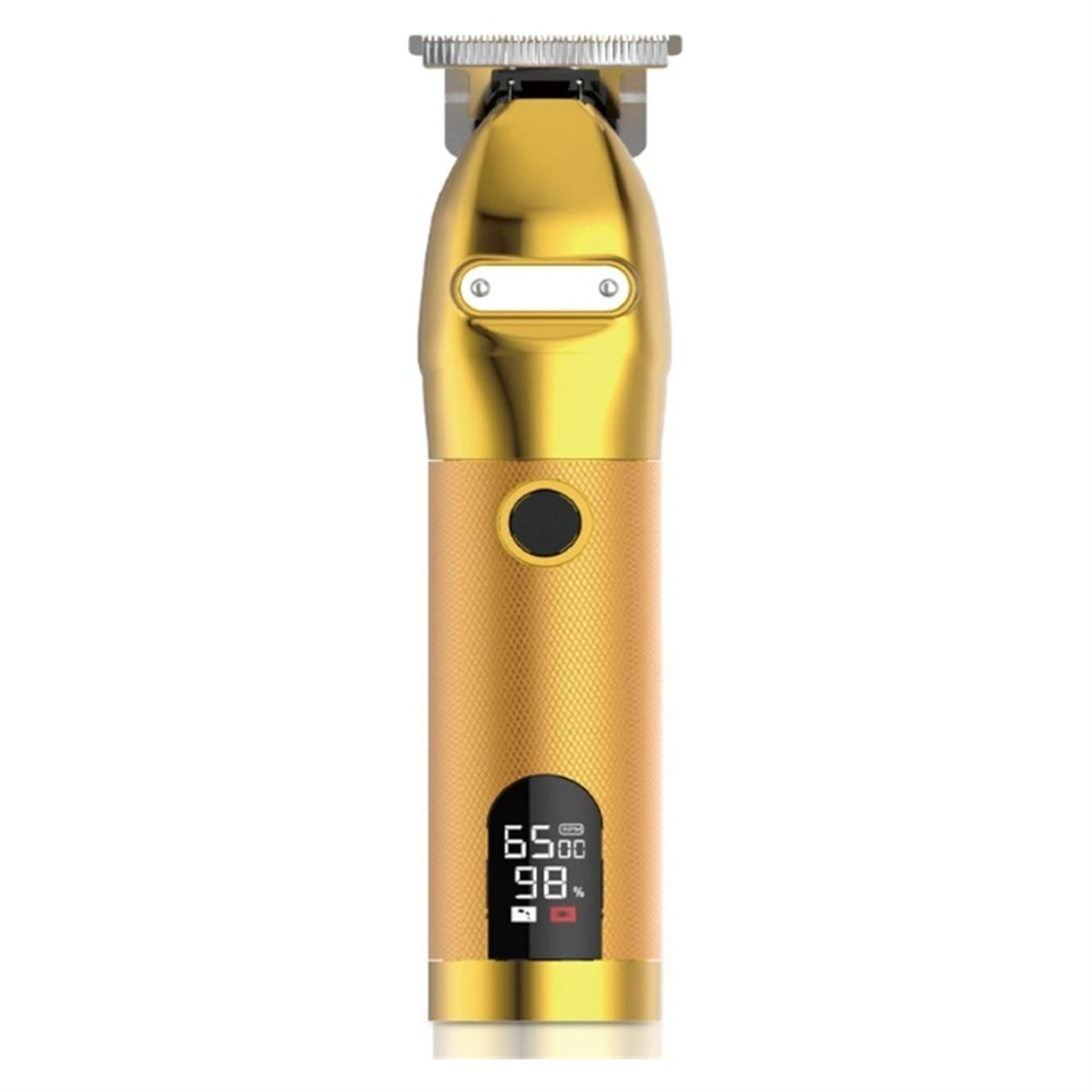 Goldener elektrischer Haarschneider mit Digitalanzeige '6500' und '98%'. Schwarze Taste und Display.