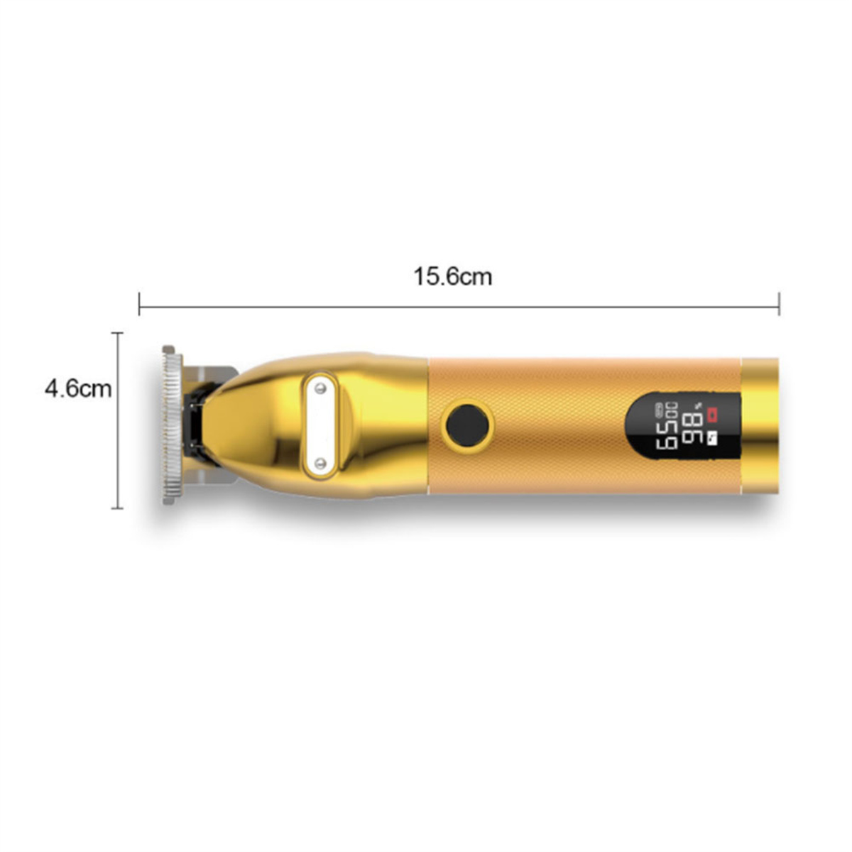 Goldener Haarschneider mit Digitalanzeige, die Akkulaufzeit anzeigt, und Abmessungen, die seine Größe angeben.