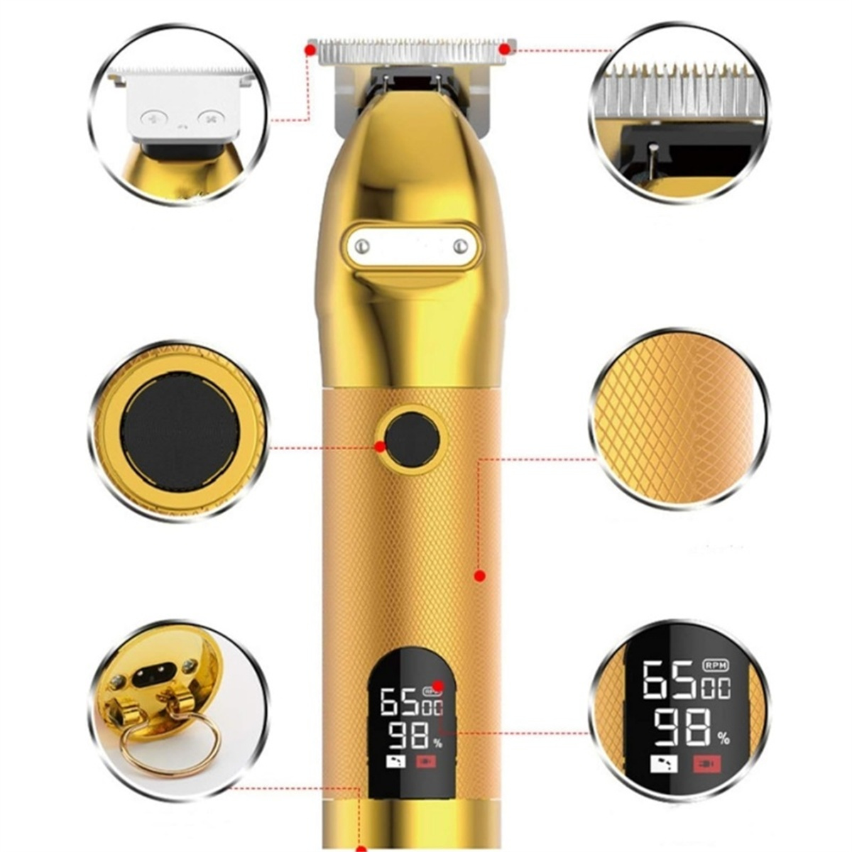 Goldfarbener Haarschneider mit Digitalanzeige und Ladestation. Weißer Hintergrund.