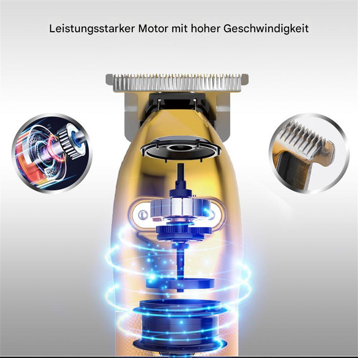 Goldener elektrischer Haartrimmer mit hervorgehobenen Innenkomponenten auf grauem Hintergrund.