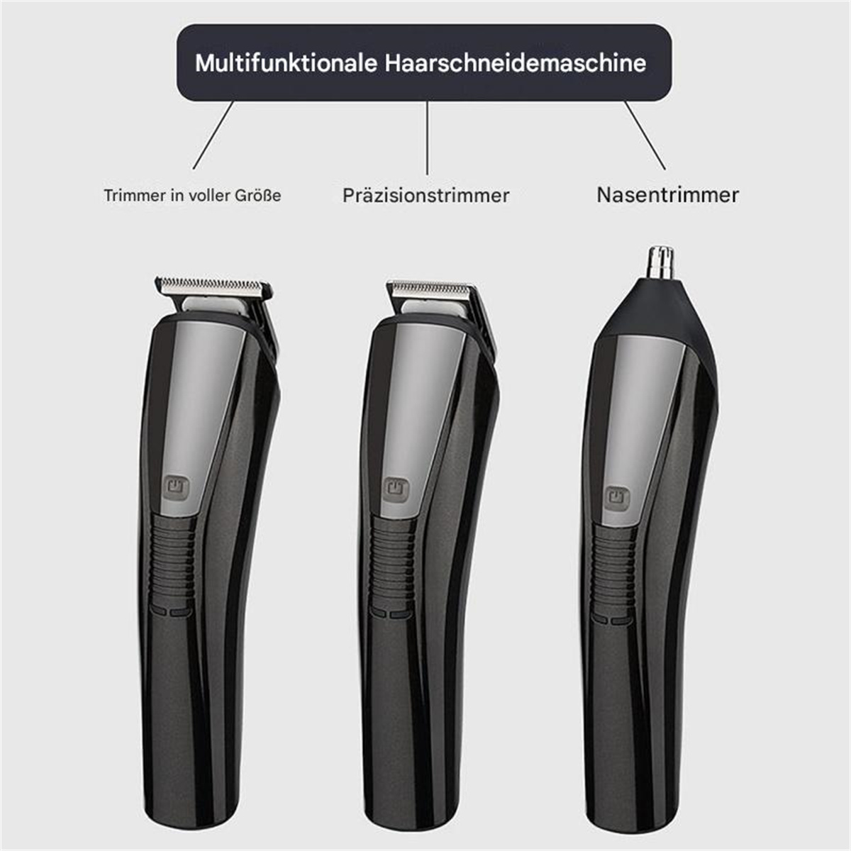 Drei schwarze multifunktionale Haarschneider, die Trimmer, Präzisionstrimmer und Nasenhaartrimmer zeigen.