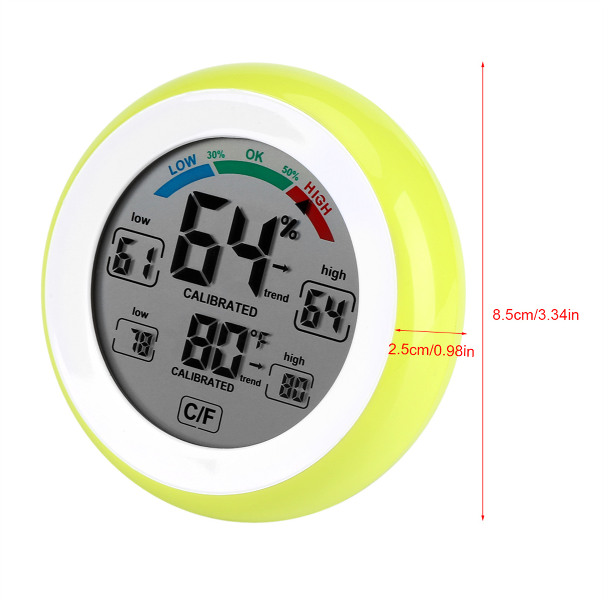 Ein gelb-weißes digitales Thermometer mit Temperatur- und Feuchtigkeitsmessungen.